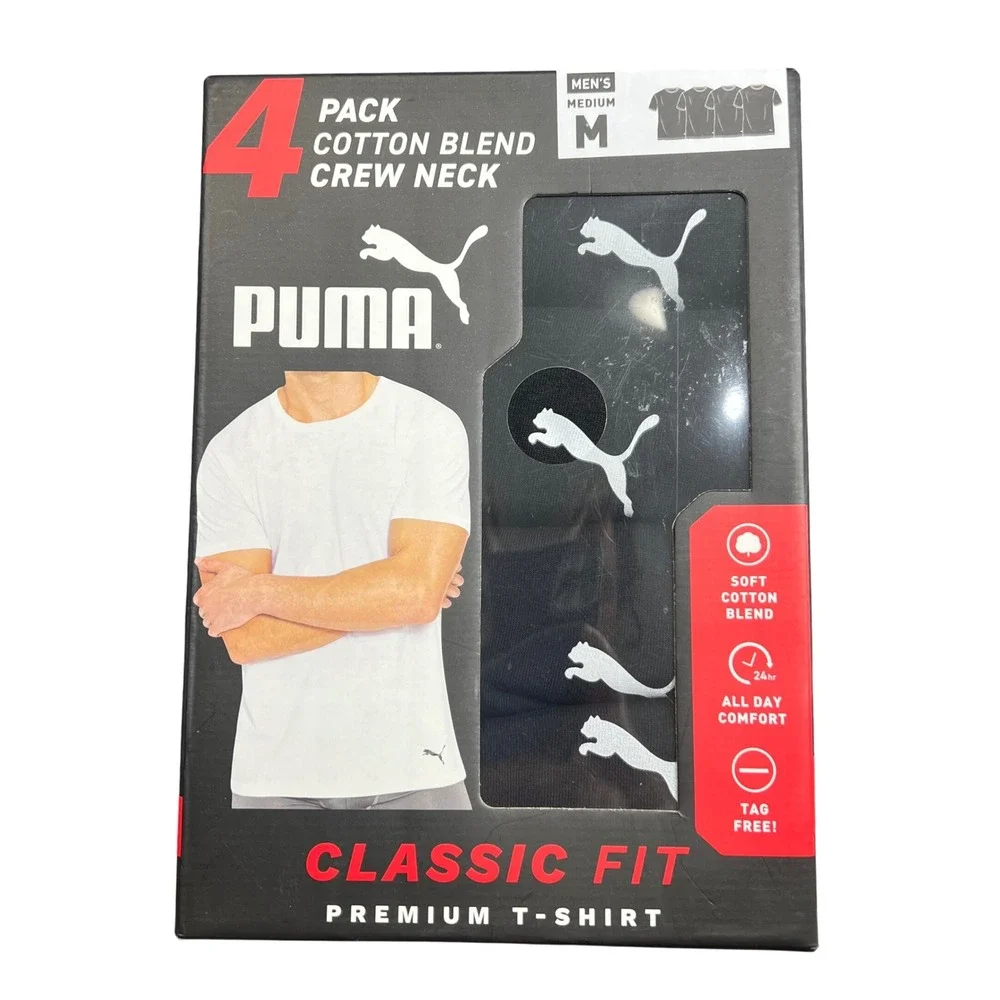 Puma Mens 4 Pack Cotton Blend Crew Neck T-Shirt Black Classic Fit Medium New
